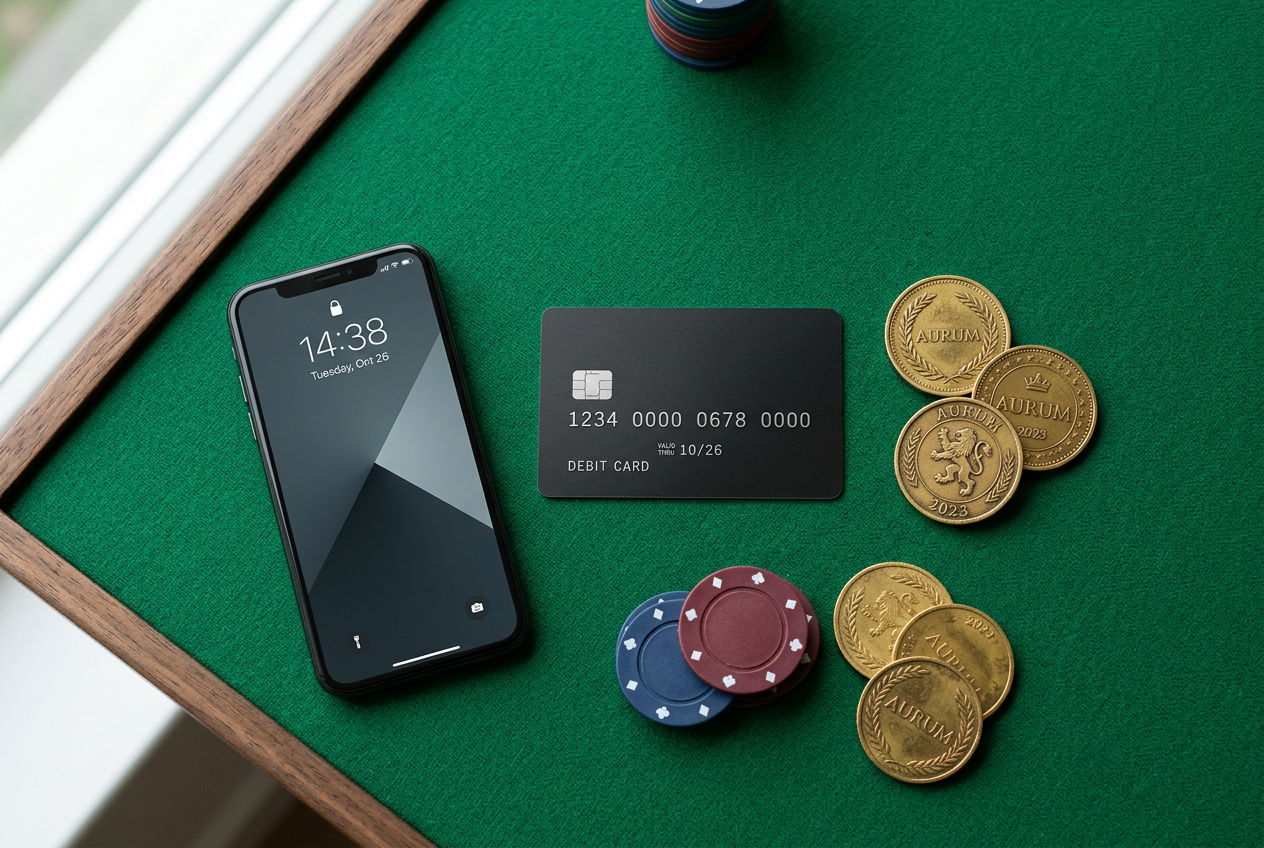 Detailný záber na neoznačenú platobnú kartu a smartfón v bezpečnom prostredí kasína
